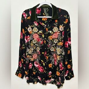 Arrata Silent Journey Baroness Embroidered Sequin Floral Velvet Button Up Shirt